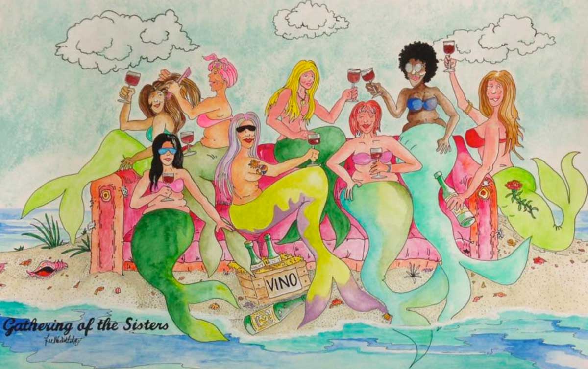 Mermaids drinking wine