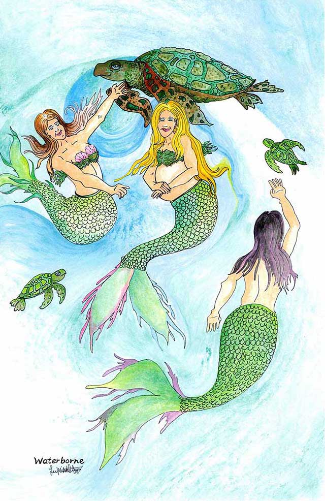 Pregnant mermaids swimming with sea turtles